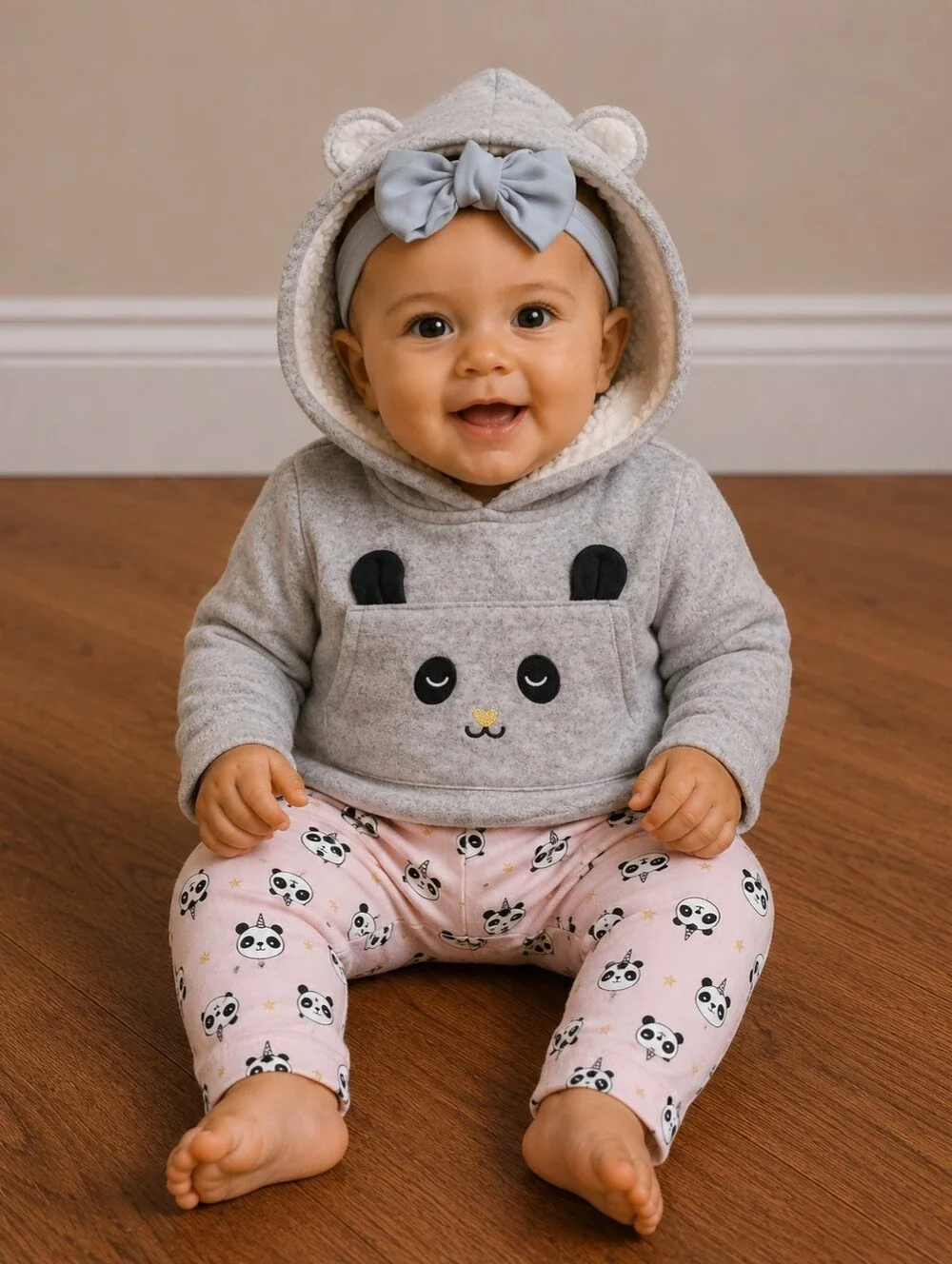 Gray Panda Hoodie and Pink Panda Pants Set